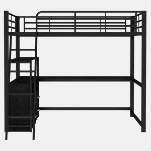 Cama alta 140x200cm - secretária de canto com gavetas - em MDF e metal - Preto