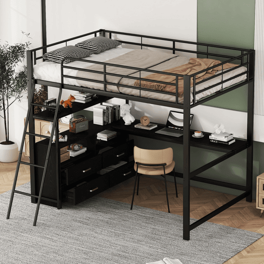 Cama alta 140x200cm - secretária de canto com gavetas - em MDF e metal - Preto