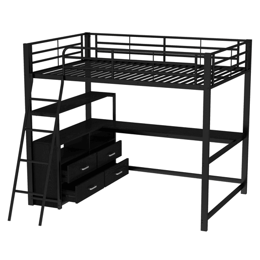 Cama alta 140x200cm - secretária de canto com gavetas - em MDF e metal - Preto