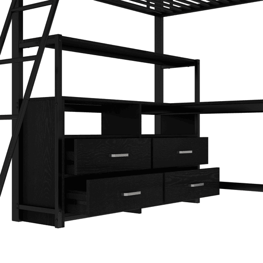 Cama alta 140x200cm - secretária de canto com gavetas - em MDF e metal - Preto