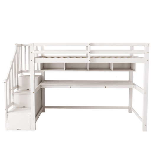 Cama alta infantil 90x200 - com escada e secretária, prateleiras, madeira maciça + MDF - Branco