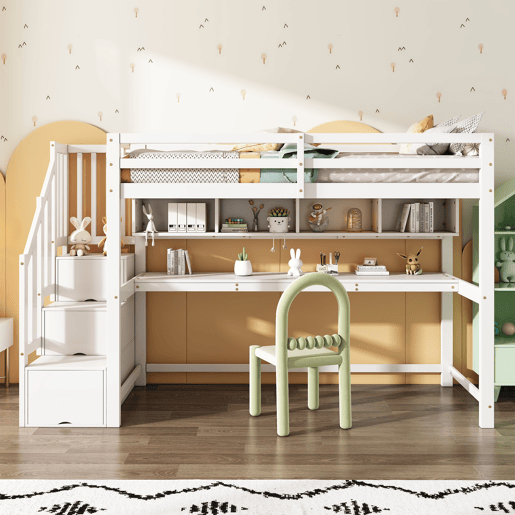 Cama alta infantil 90x200 - com escada e secretária, prateleiras, madeira maciça + MDF - Branco