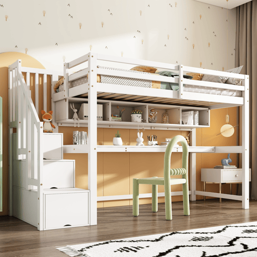 Cama alta infantil 90x200 - com escada e secretária, prateleiras, madeira maciça + MDF - Branco