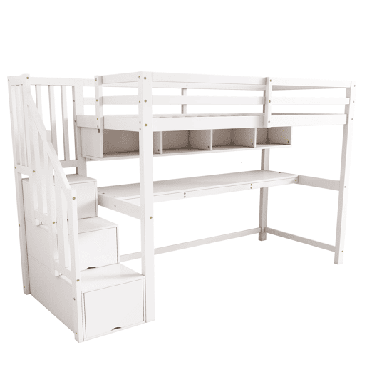 Cama alta infantil 90x200 - com escada e secretária, prateleiras, madeira maciça + MDF - Branco