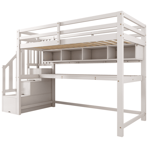 Cama alta infantil 90x200 - com escada e secretária, prateleiras, madeira maciça + MDF - Branco