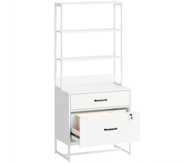 Homcom cajonera escritorio con estantería, mueble archivador con 2 cajones, encimera para impresora, cerradura, para a4 letter legal, para oficina, estudio, blanco