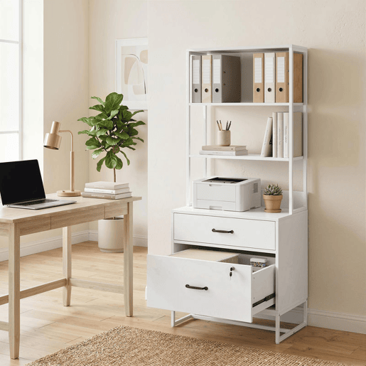 HOMCOM Arquivador com Prateleiras Móvel de Escritório com Prateleiras Gaveta para Arquivos A4 e Carta e Suporte para Impressora Estante Vertical para Escritório 70x40x157 cm Branco