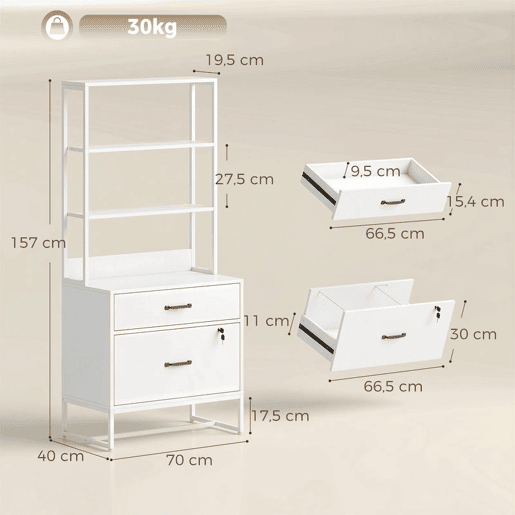 HOMCOM Arquivador com Prateleiras Móvel de Escritório com Prateleiras Gaveta para Arquivos A4 e Carta e Suporte para Impressora Estante Vertical para Escritório 70x40x157 cm Branco
