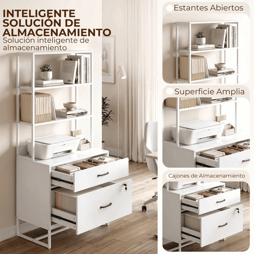 HOMCOM Arquivador com Prateleiras Móvel de Escritório com Prateleiras Gaveta para Arquivos A4 e Carta e Suporte para Impressora Estante Vertical para Escritório 70x40x157 cm Branco