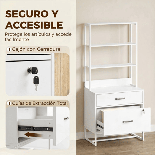 HOMCOM Arquivador com Prateleiras Móvel de Escritório com Prateleiras Gaveta para Arquivos A4 e Carta e Suporte para Impressora Estante Vertical para Escritório 70x40x157 cm Branco