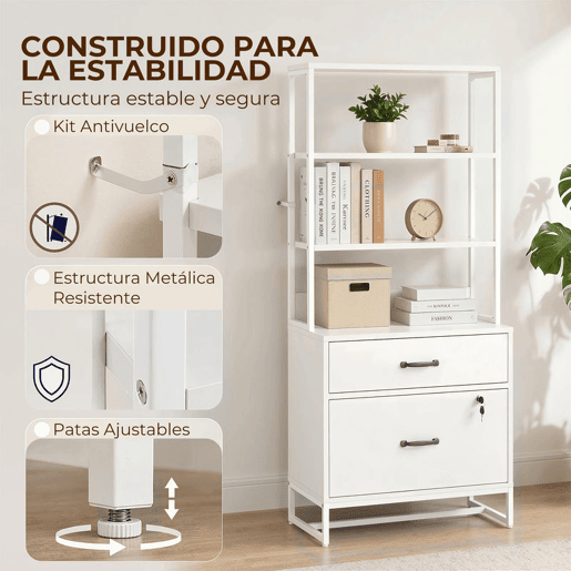 HOMCOM Arquivador com Prateleiras Móvel de Escritório com Prateleiras Gaveta para Arquivos A4 e Carta e Suporte para Impressora Estante Vertical para Escritório 70x40x157 cm Branco