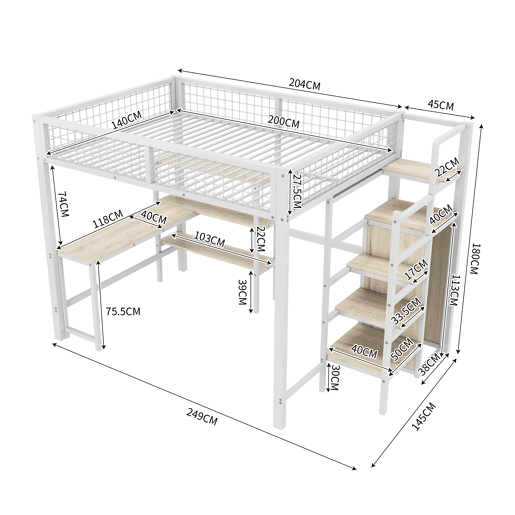 Cama alta 140x200 cm - estrutura em ferro - com secretária e prateleiras - Branco