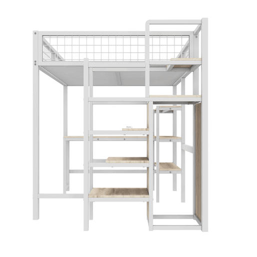 Cama alta 140x200 cm - estrutura em ferro - com secretária e prateleiras - Branco