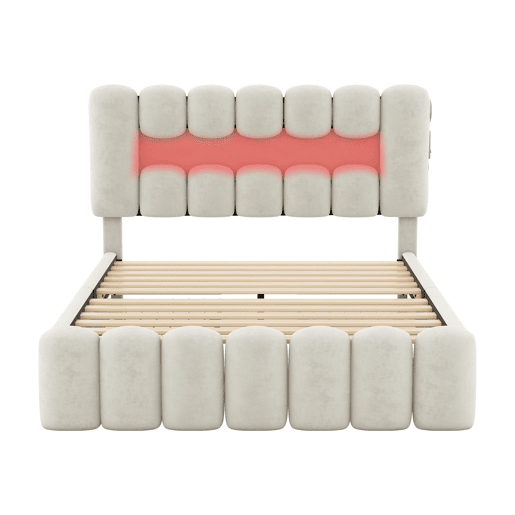 Cama estofada em veludo - 140x200cm - 4 gavetas + LED + Portas de carregamento + Leitor - Bege