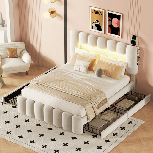 Cama estofada em veludo - 140x200cm - 4 gavetas + LED + Portas de carregamento + Leitor - Bege