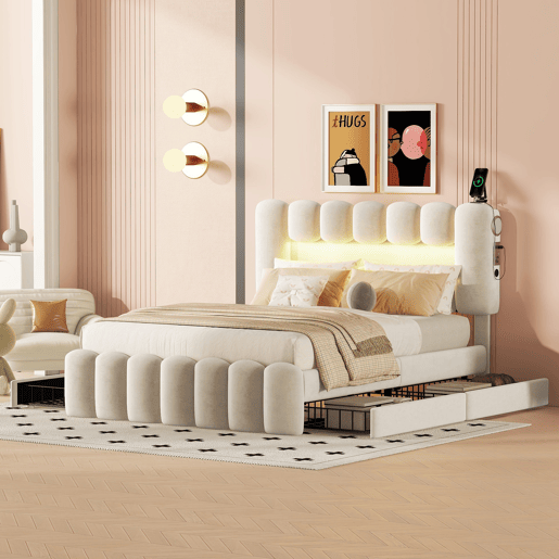 Cama estofada em veludo - 140x200cm - 4 gavetas + LED + Portas de carregamento + Leitor - Bege