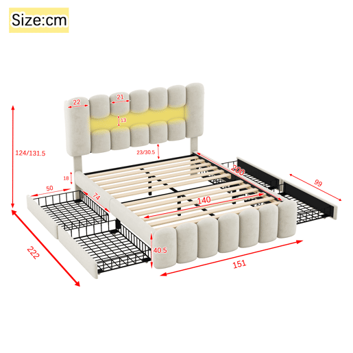 Cama estofada em veludo - 140x200cm - 4 gavetas + LED + Portas de carregamento + Leitor - Bege