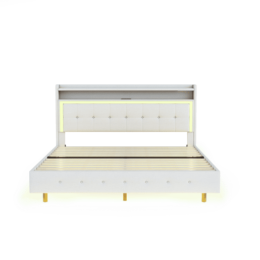 Cama estofada em linho 140x200 cm - com tomada USB e LED - Bege