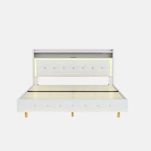 Cama estofada em linho 140x200 cm - com tomada USB e LED - Bege