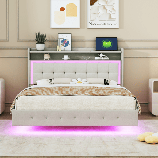 Cama estofada em linho 140x200 cm - com tomada USB e LED - Bege