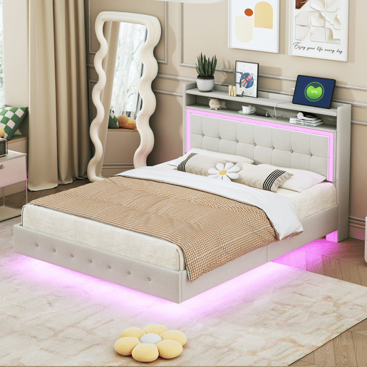 Cama estofada em linho 140x200 cm - com tomada USB e LED - Bege