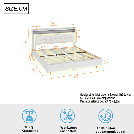 Cama estofada em linho 140x200 cm - com tomada USB e LED - Bege