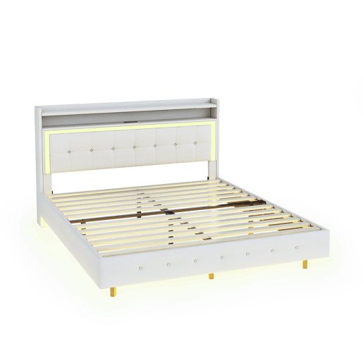 Cama estofada em linho 140x200 cm - com tomada USB e LED - Bege