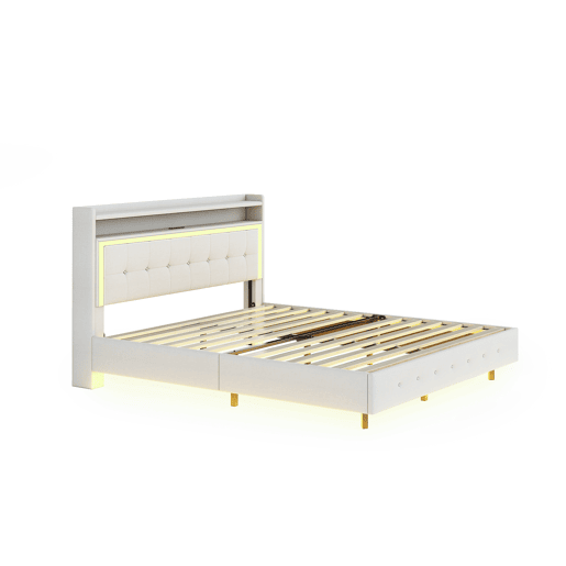 Cama estofada em linho 140x200 cm - com tomada USB e LED - Bege