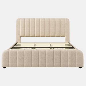 Cama com gavetas 180x200 cm em tecido de linho - com carregamento USB e tipo C - decorada com riscas douradas - Bege