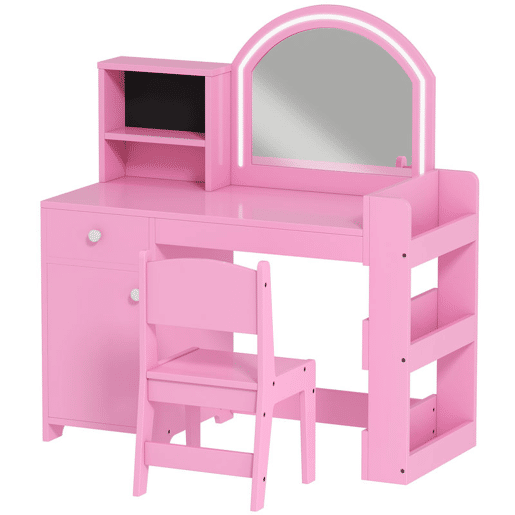 AIYAPLAY Toucador de Maquilhagem Infantil, Toucador para Meninas com Banquinho e Espelho com Luzes LED, 1 Gaveta, Armário e 5 Prateleiras, para Crianças de 3 a 8 Anos, Rosa AIYAPLAY Toucador de Maquilhagem Infantil, Toucador para Meninas com Banquinho e Espelho com Luzes LED, 1 Gaveta, Armário e 5 Prateleiras, para Crianças de 3 a 8 Anos, Rosa