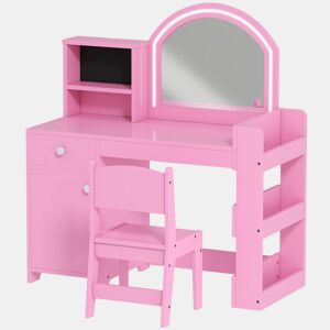 AIYAPLAY Toucador de Maquilhagem Infantil, Toucador para Meninas com Banquinho e Espelho com Luzes LED, 1 Gaveta, Armário e 5 Prateleiras, para Crianças de 3 a 8 Anos, Rosa