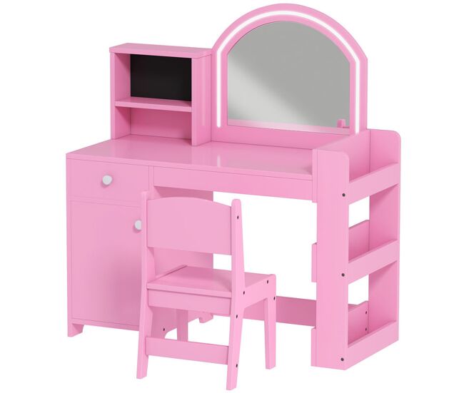 Aiyaplay tocador de maquillaje niña, tocador infantil con taburete y espejo con luces led, 1 cajón, armario y 5 estantes, para niños de 3 a 8 años, rosa