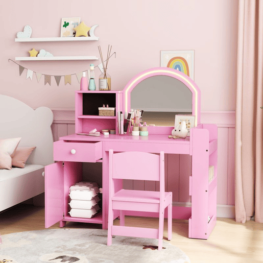 AIYAPLAY Toucador de Maquilhagem Infantil, Toucador para Meninas com Banquinho e Espelho com Luzes LED, 1 Gaveta, Armário e 5 Prateleiras, para Crianças de 3 a 8 Anos, Rosa AIYAPLAY Toucador de Maquilhagem Infantil, Toucador para Meninas com Banquinho e Espelho com Luzes LED, 1 Gaveta, Armário e 5 Prateleiras, para Crianças de 3 a 8 Anos, Rosa