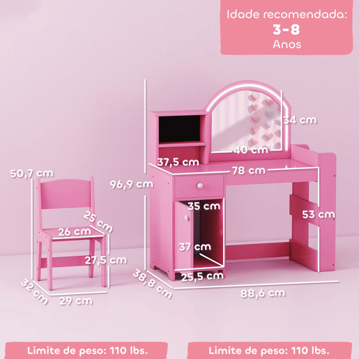 AIYAPLAY Toucador de Maquilhagem Infantil, Toucador para Meninas com Banquinho e Espelho com Luzes LED, 1 Gaveta, Armário e 5 Prateleiras, para Crianças de 3 a 8 Anos, Rosa AIYAPLAY Toucador de Maquilhagem Infantil, Toucador para Meninas com Banquinho e Espelho com Luzes LED, 1 Gaveta, Armário e 5 Prateleiras, para Crianças de 3 a 8 Anos, Rosa