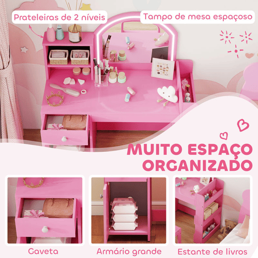 AIYAPLAY Toucador de Maquilhagem Infantil, Toucador para Meninas com Banquinho e Espelho com Luzes LED, 1 Gaveta, Armário e 5 Prateleiras, para Crianças de 3 a 8 Anos, Rosa AIYAPLAY Toucador de Maquilhagem Infantil, Toucador para Meninas com Banquinho e Espelho com Luzes LED, 1 Gaveta, Armário e 5 Prateleiras, para Crianças de 3 a 8 Anos, Rosa