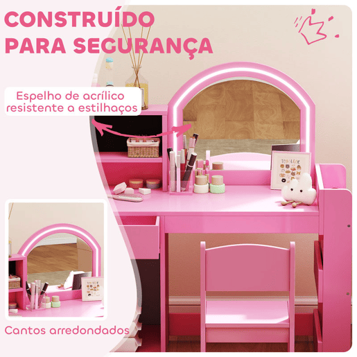 AIYAPLAY Toucador de Maquilhagem Infantil, Toucador para Meninas com Banquinho e Espelho com Luzes LED, 1 Gaveta, Armário e 5 Prateleiras, para Crianças de 3 a 8 Anos, Rosa AIYAPLAY Toucador de Maquilhagem Infantil, Toucador para Meninas com Banquinho e Espelho com Luzes LED, 1 Gaveta, Armário e 5 Prateleiras, para Crianças de 3 a 8 Anos, Rosa