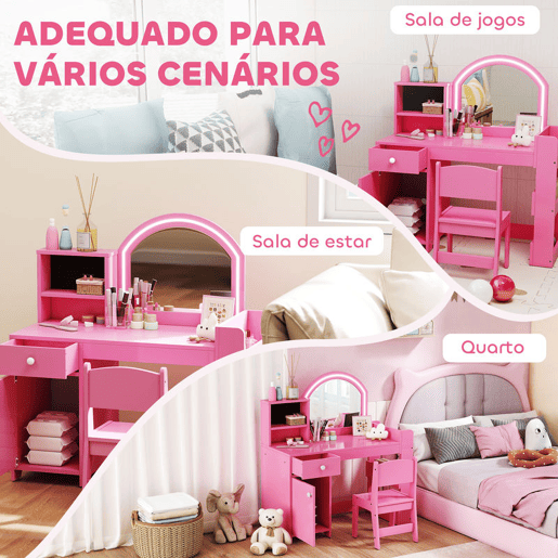AIYAPLAY Toucador de Maquilhagem Infantil, Toucador para Meninas com Banquinho e Espelho com Luzes LED, 1 Gaveta, Armário e 5 Prateleiras, para Crianças de 3 a 8 Anos, Rosa AIYAPLAY Toucador de Maquilhagem Infantil, Toucador para Meninas com Banquinho e Espelho com Luzes LED, 1 Gaveta, Armário e 5 Prateleiras, para Crianças de 3 a 8 Anos, Rosa