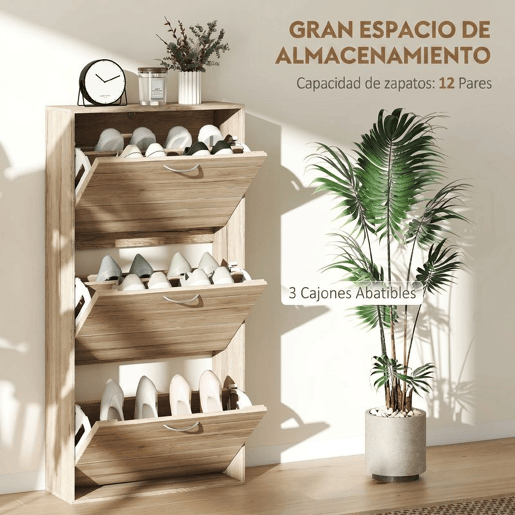 HOMCOM Sapateiro Estreito com 3 Portas Basculantes e Prateleiras Ajustáveis para 12 Pares de Sapatos, Ideal para Corredores e Espaços Pequenos, Carvalho