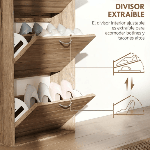 HOMCOM Sapateiro Estreito com 3 Portas Basculantes e Prateleiras Ajustáveis para 12 Pares de Sapatos, Ideal para Corredores e Espaços Pequenos, Carvalho