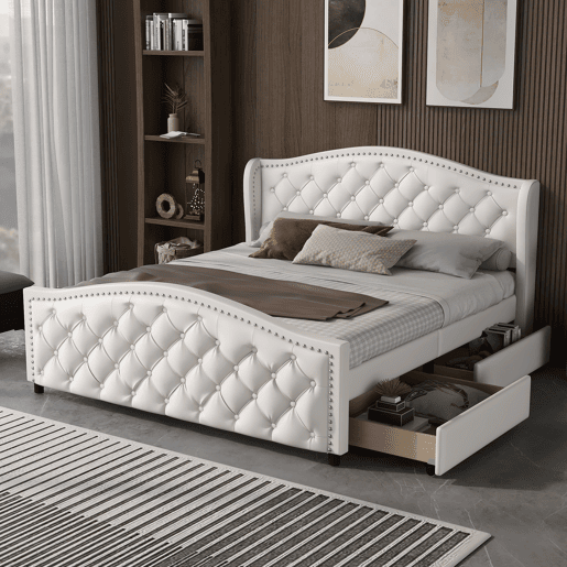 Cama de adulto estofada em pele - 140x200cm - com 2 gavetas - Branco