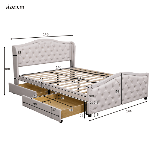 Cama de adulto estofada em pele - 140x200cm - com 2 gavetas - Branco