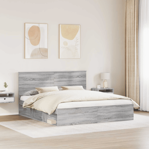 Estrutura de cama de casal king size com cabeceira - Cinza Sonoma 200 x 200 cm