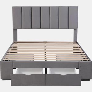 Cama de adulto estofada em veludo 140x200 cm com 4 gavetas + cabeceira regulável + estrado de molas - Cinzento