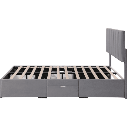Cama de adulto estofada em veludo 140x200 cm com 4 gavetas + cabeceira regulável + estrado de molas - Cinzento