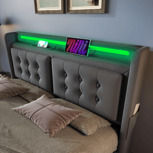Cama para adultos 180x200cm em tecido de linho - com LED e portas de carregamento - 4 gavetas - Cinzento