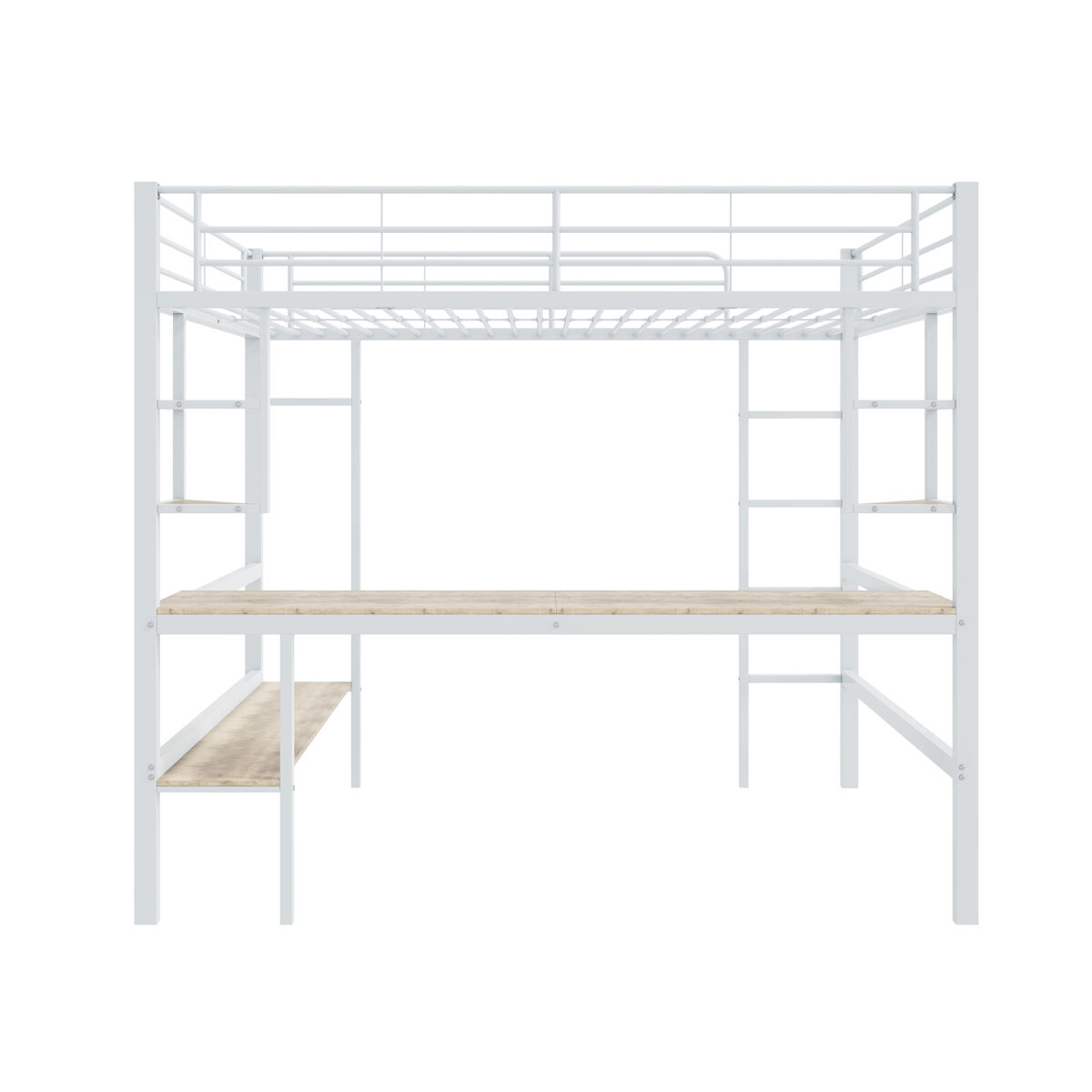 Cama entrepiso de hierro - 140x200 cm - con escritorio y 5 estantes - blanco