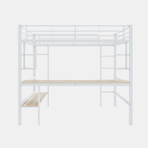Cama mezzanine em ferro - 140x200 cm - com secretária e 5 prateleiras - Branco
