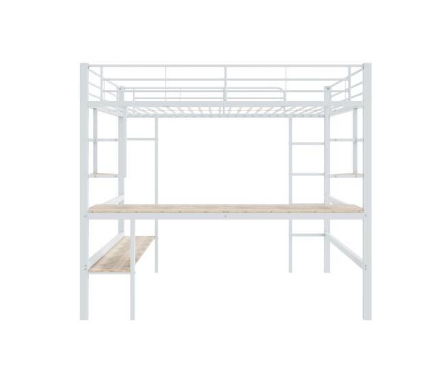 Cama entrepiso de hierro - 140x200 cm - con escritorio y 5 estantes - blanco