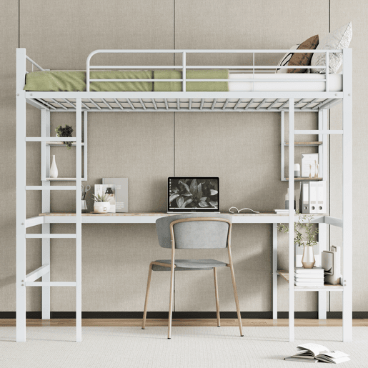 Cama mezzanine em ferro - 140x200 cm - com secretária e 5 prateleiras - Branco