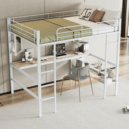 Cama mezzanine em ferro - 140x200 cm - com secretária e 5 prateleiras - Branco